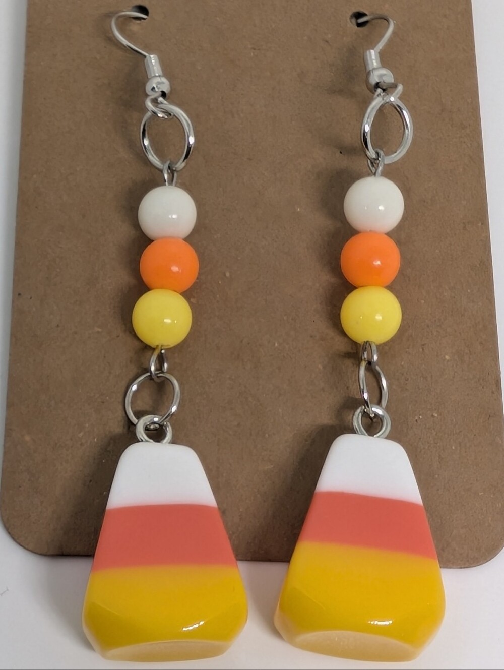 Handmade Beaded White Orange Yellow Candy corn Dangle earrings
